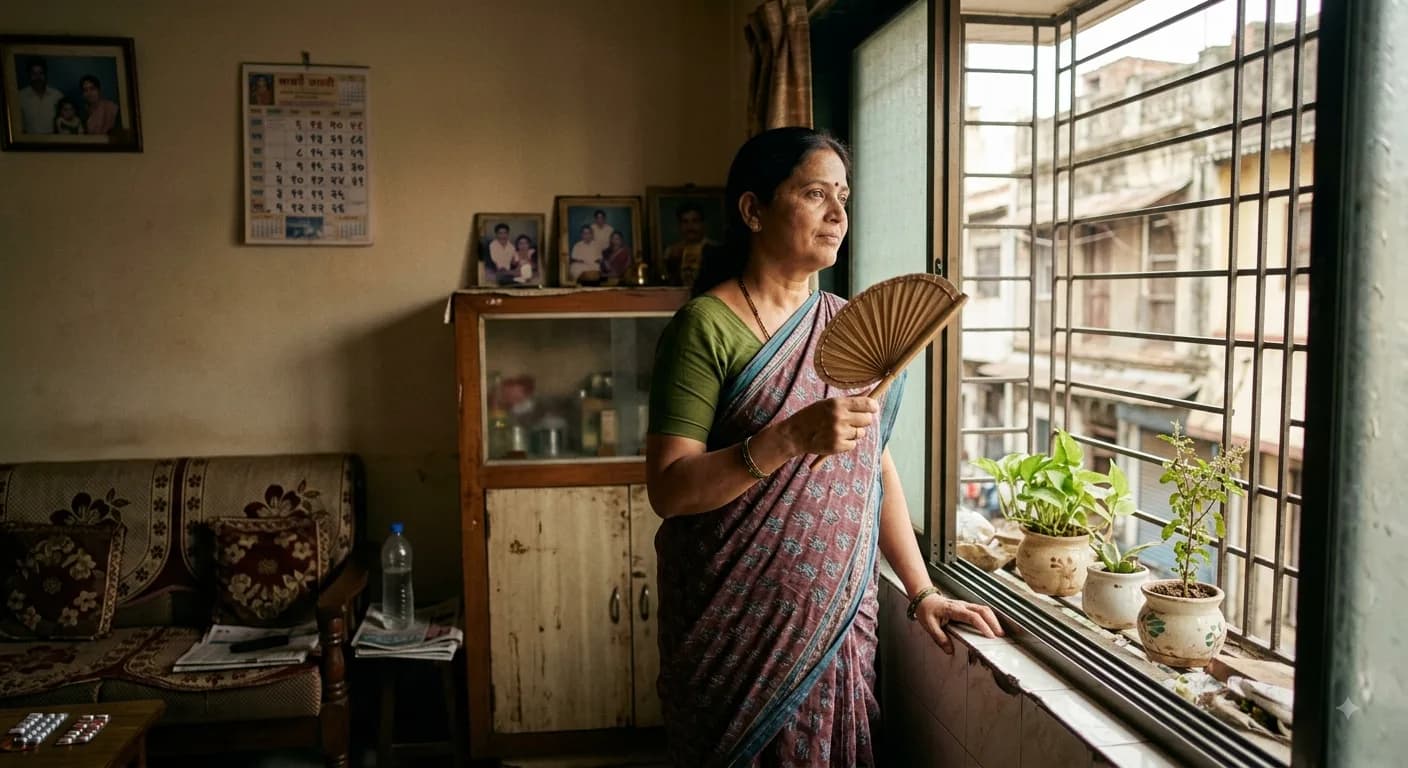 खिडकीजवळ उभी राहून हातपंख्याने वारा घेणारी मध्यमवयीन स्त्री