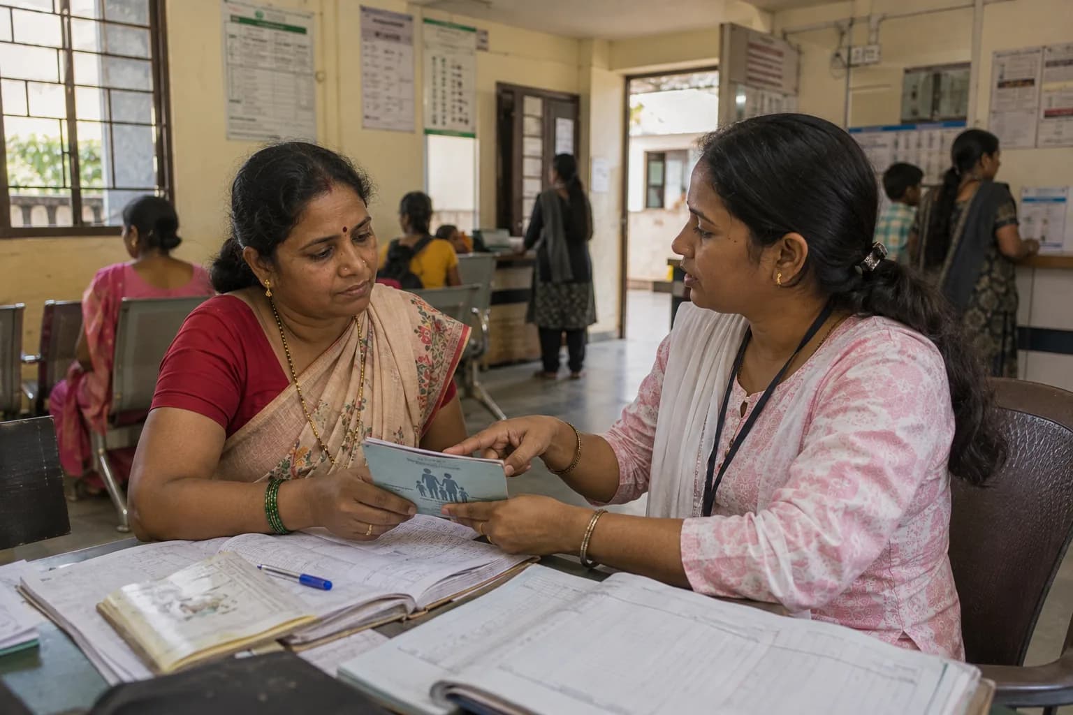 ग्रामीण/निमशहरी आरोग्य केंद्रात कार्यकर्ती एका मध्यमवयीन स्त्रीला तिच्या कुटुंबाच्या आरोग्य कार्डाबद्दल माहिती देताना