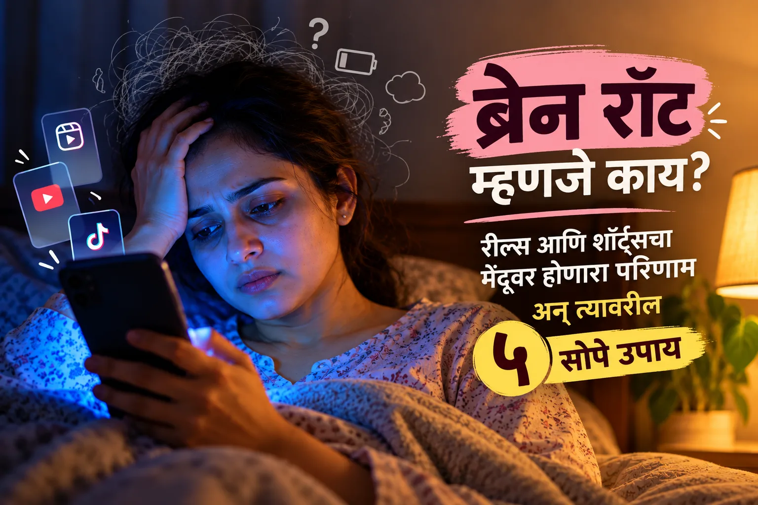 रात्री अंथरुणावर फोन बघताना कपाळावर हात ठेवून थकलेली तरुणी, बाजूला 'ब्रेन रॉट म्हणजे काय?' असा मजकूर