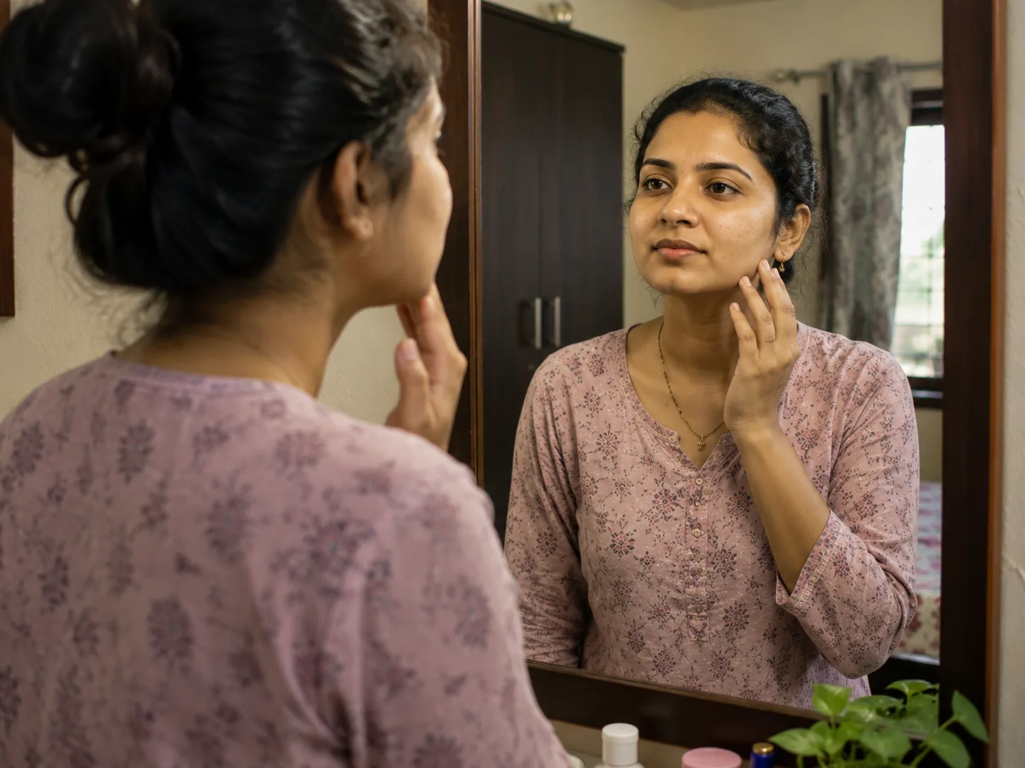 आरशासमोर उभी राहून चेहरा तपासणारी तरुणी