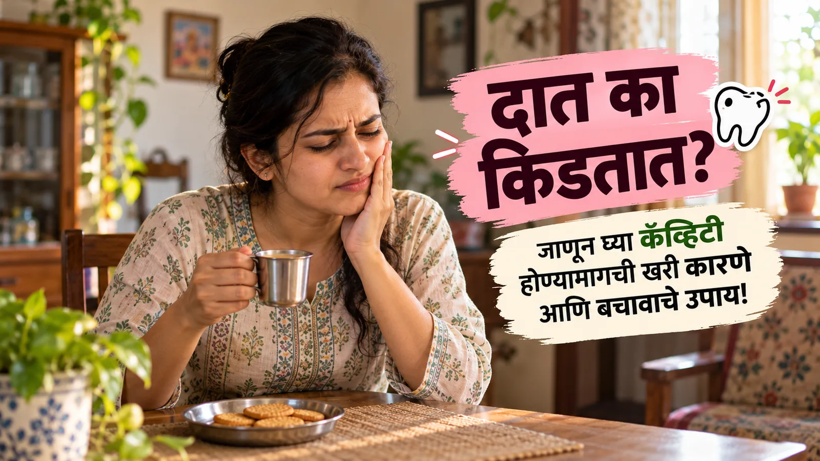 घरी जेवणाच्या टेबलाजवळ चहाचा कप हातात धरून, दातदुखीमुळे गालावर हात ठेवलेली स्त्री, समोर बिस्किटांची ताटली, बाजूला 'दात का किडतात?' असा मजकूर
