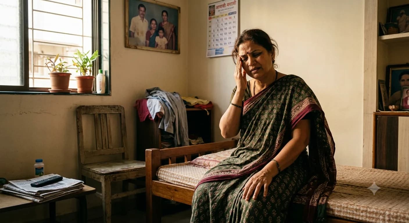 डोकेदुखीने त्रस्त स्त्री कपाळाला किंवा डोक्याच्या विशिष्ट भागाला हात लावताना