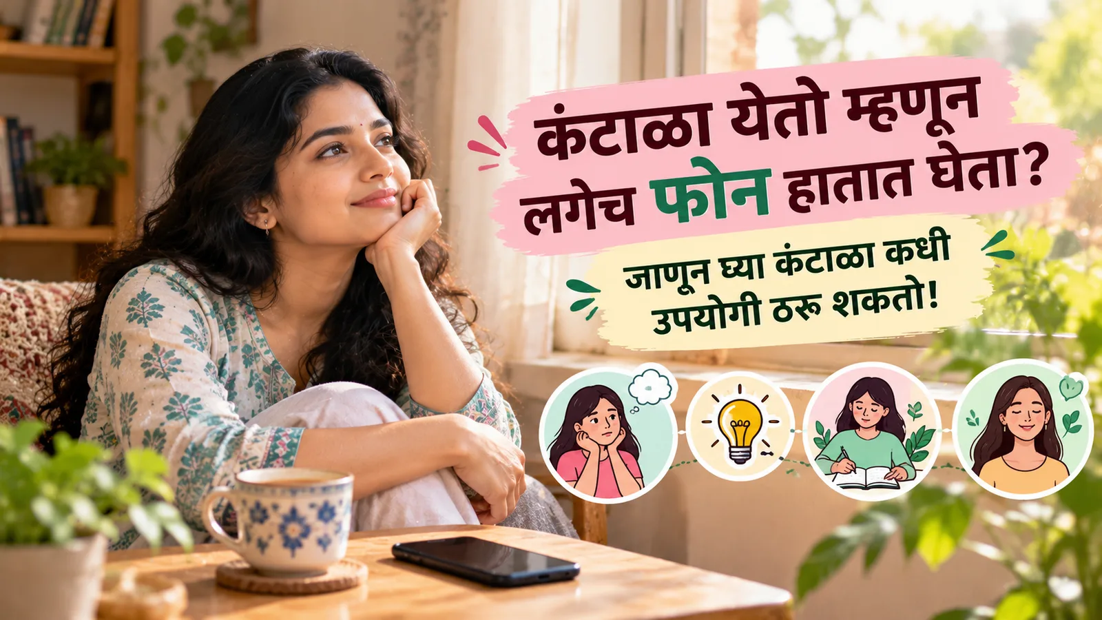 खिडकीजवळ हनुवटीवर हात टेकवून हसत विचारात हरवलेली स्त्री, समोर टेबलावर चहाचा कप आणि उलटा ठेवलेला फोन, बाजूला 'कंटाळा येतो म्हणून लगेच फोन हातात घेता?' असा मजकूर