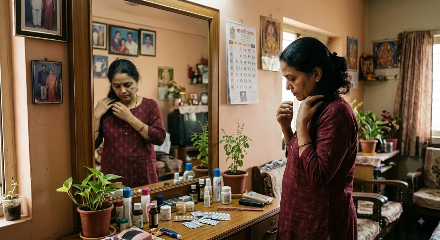 आरशासमोर उभी राहून खांद्याजवळील कपड्याकडे पाहणारी स्त्री