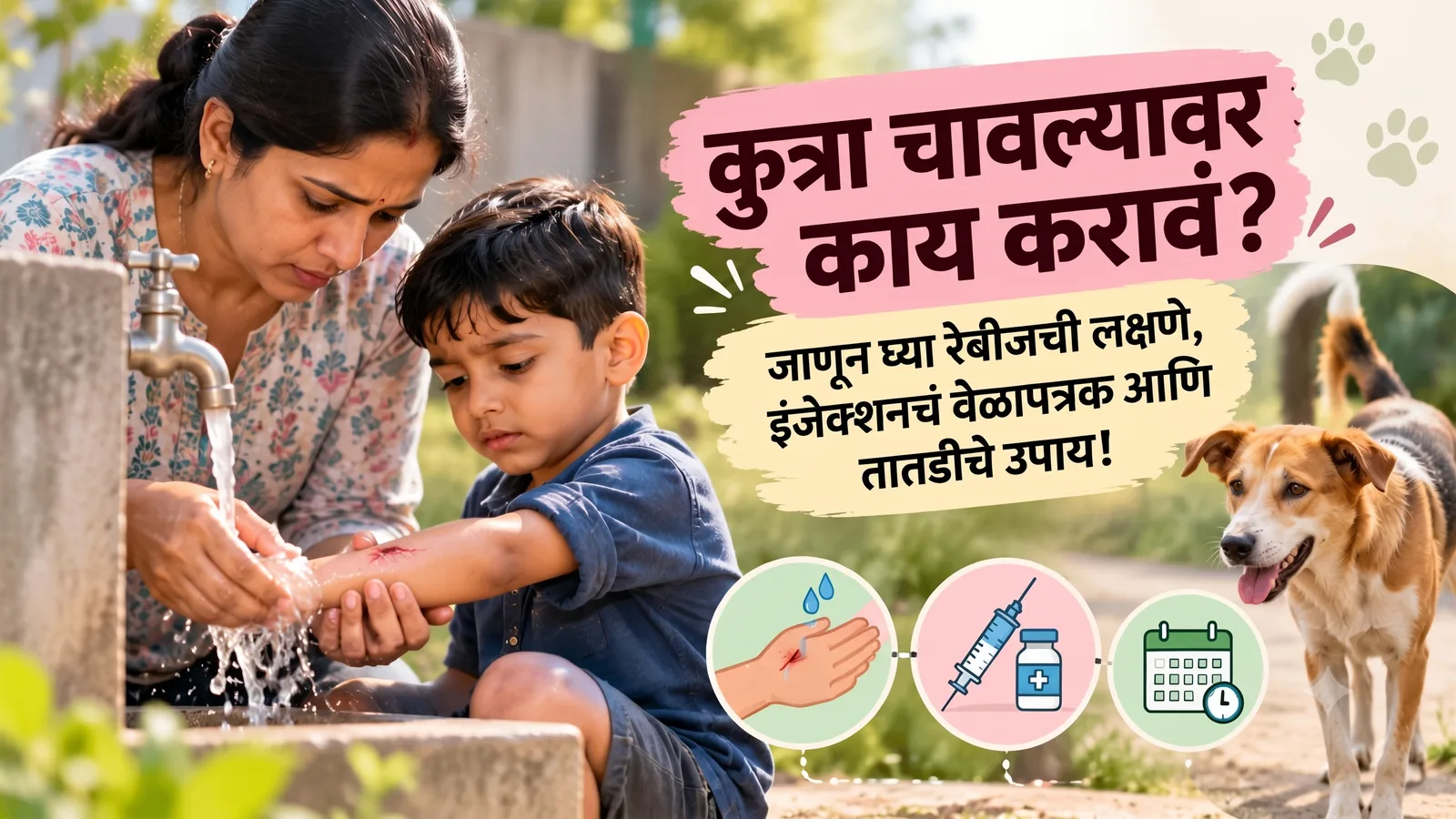 अंगणातील नळाखाली मुलाच्या हातावरील ओरखडा पाण्याने धुणारी आई, मागे उभा असलेला कुत्रा, बाजूला 'कुत्रा चावल्यावर काय करावं?' असा मजकूर