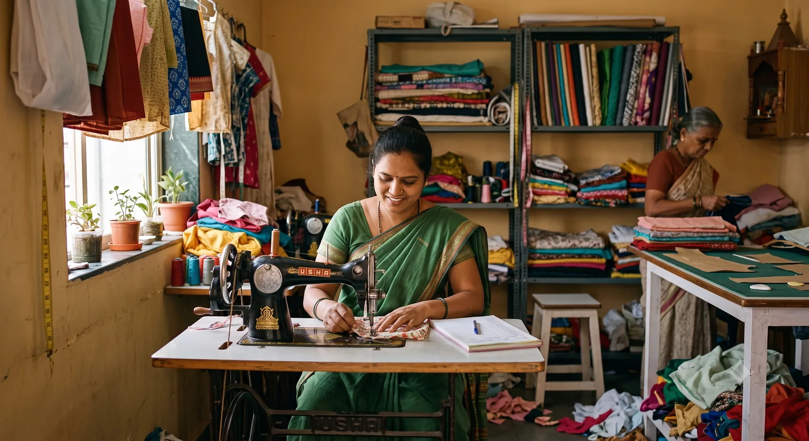 स्वतःच्या छोट्या व्यवसायात आत्मविश्वासाने काम करणारी महिला उद्योजक — शिवणकाम किंवा किराणा दुकानाच्या पार्श्वभूमीवर