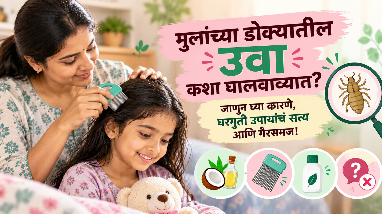 उवा काढण्याच्या बारीक दातांच्या फणीने मुलीचे केस हसत विंचरणारी आई, मुलीच्या हातात टेडी बेअर, बाजूला 'मुलांच्या डोक्यातील उवा कशा घालवाव्यात?' असा मजकूर