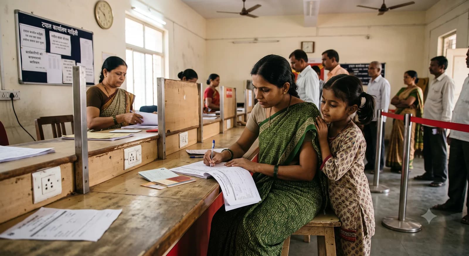 पोस्ट ऑफिसच्या काउंटरवर आई आपल्या लहान मुलीसोबत बचत खातं उघडण्यासाठी अर्ज भरताना