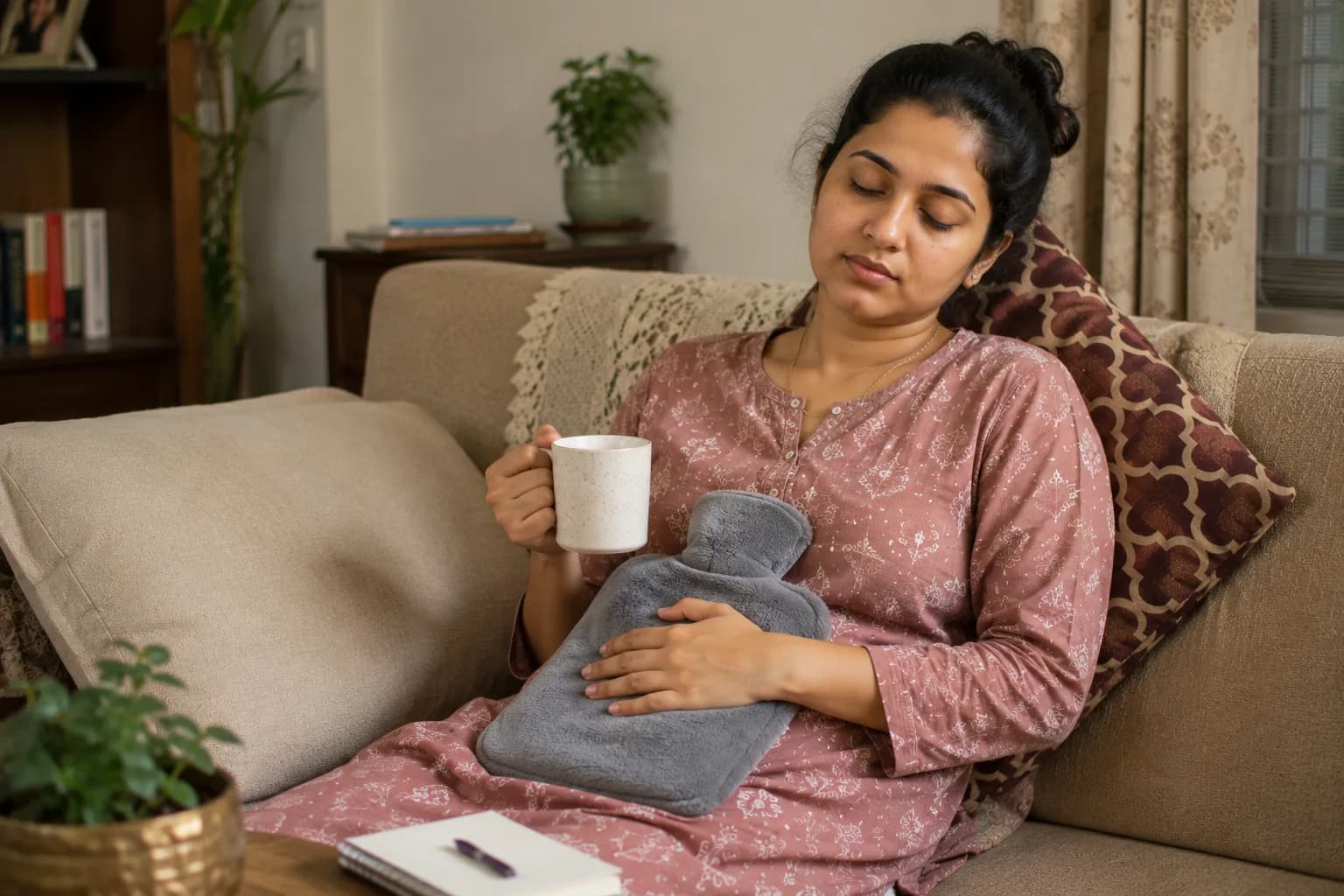 सोफ्यावर विश्रांती घेणारी स्त्री, एका हातात चहाचा मग व दुसऱ्या हाताने पोटाशी गरम पाण्याची पिशवी धरलेली