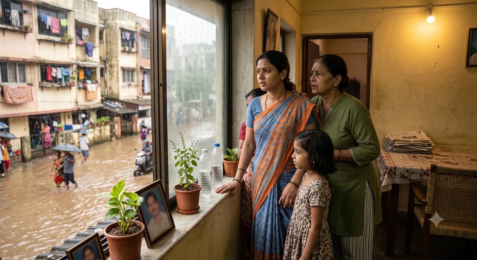 पावसाळ्यात घराच्या खिडकीतून खाली साचलेल्या पाण्याकडे काळजीने पाहणाऱ्या तीन पिढ्यांतील स्त्रिया — आजी, आई व मुलगी