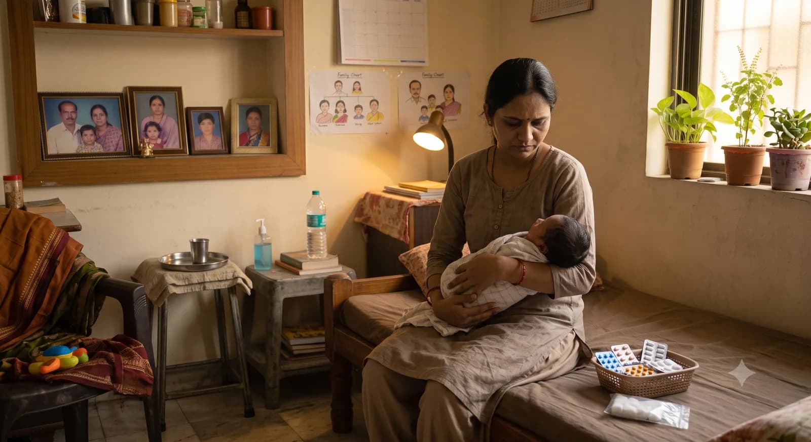 उदास दिसणारी नवीन आई, बाळासोबत एकटी बसलेली — संवेदनशील व सन्मानपूर्वक चित्रण