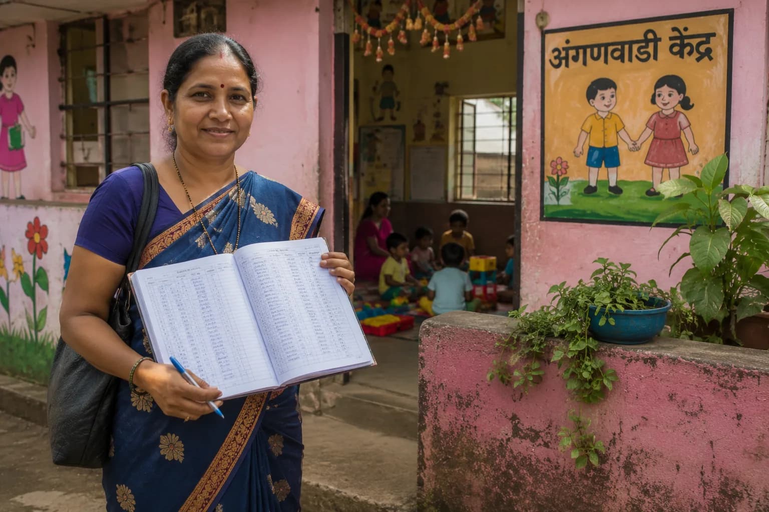 अंगणवाडी सेविका हातात लसीकरण नोंदवही घेऊन अंगणवाडी केंद्राबाहेर उभी, मागे मुलं खेळताना