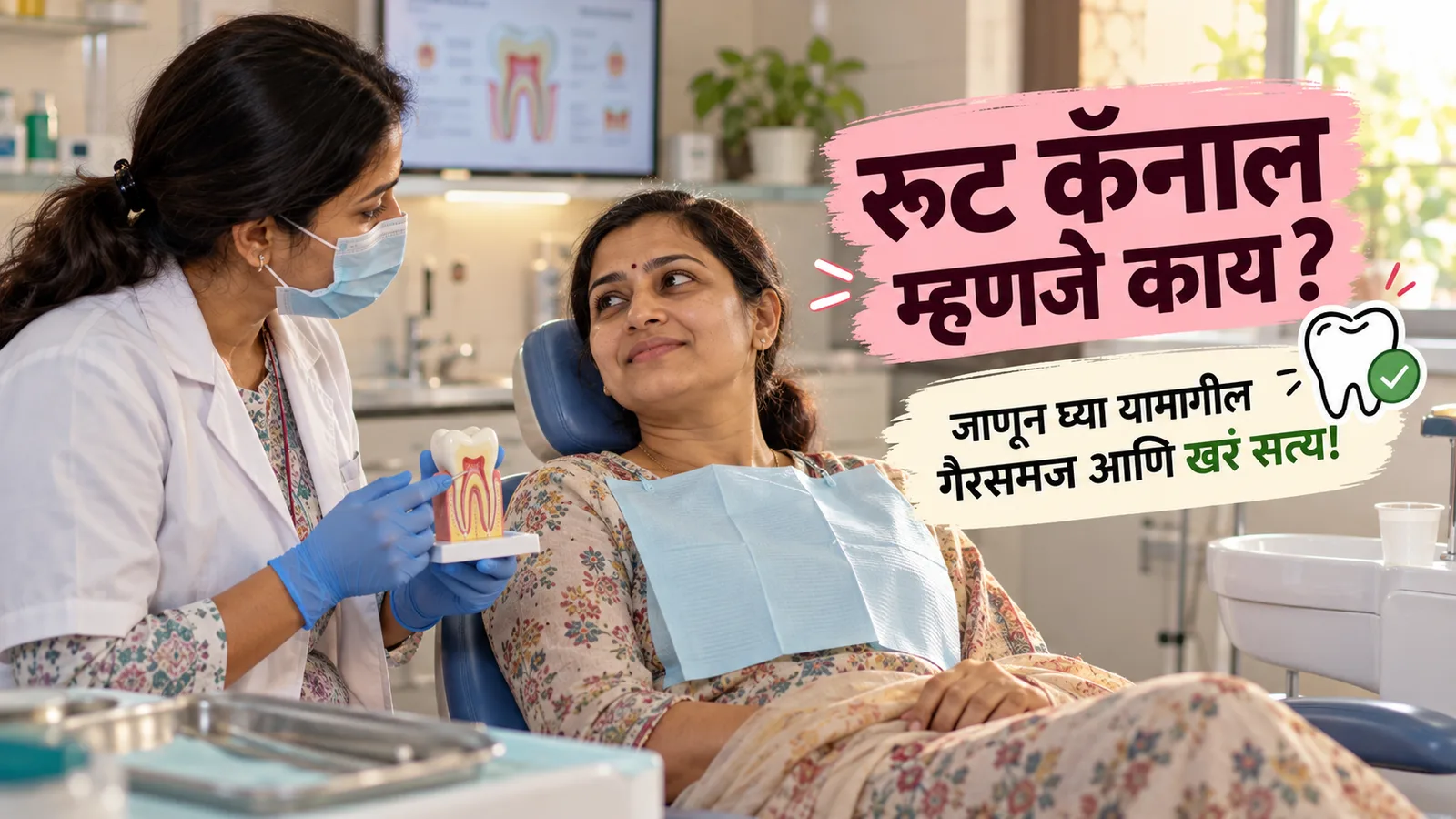 दंतवैद्य महिला दाताच्या मॉडेलवरून समजावून सांगत असताना दंत खुर्चीत निश्चिंतपणे हसत बसलेली स्त्री, बाजूला 'रूट कॅनाल म्हणजे काय?' असा मजकूर