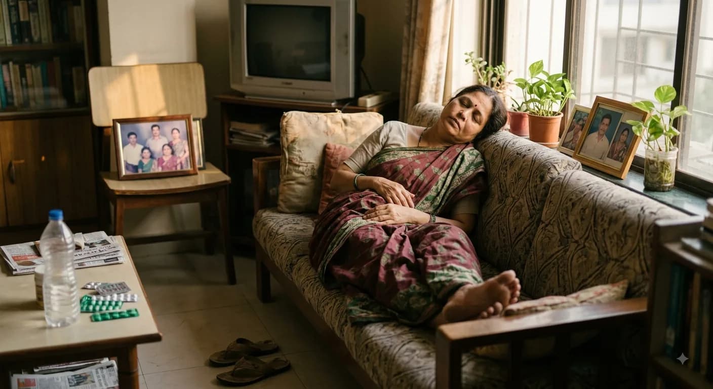 सोफ्यावर थकून विश्रांती घेणारी स्त्री, डोळे मिटलेले