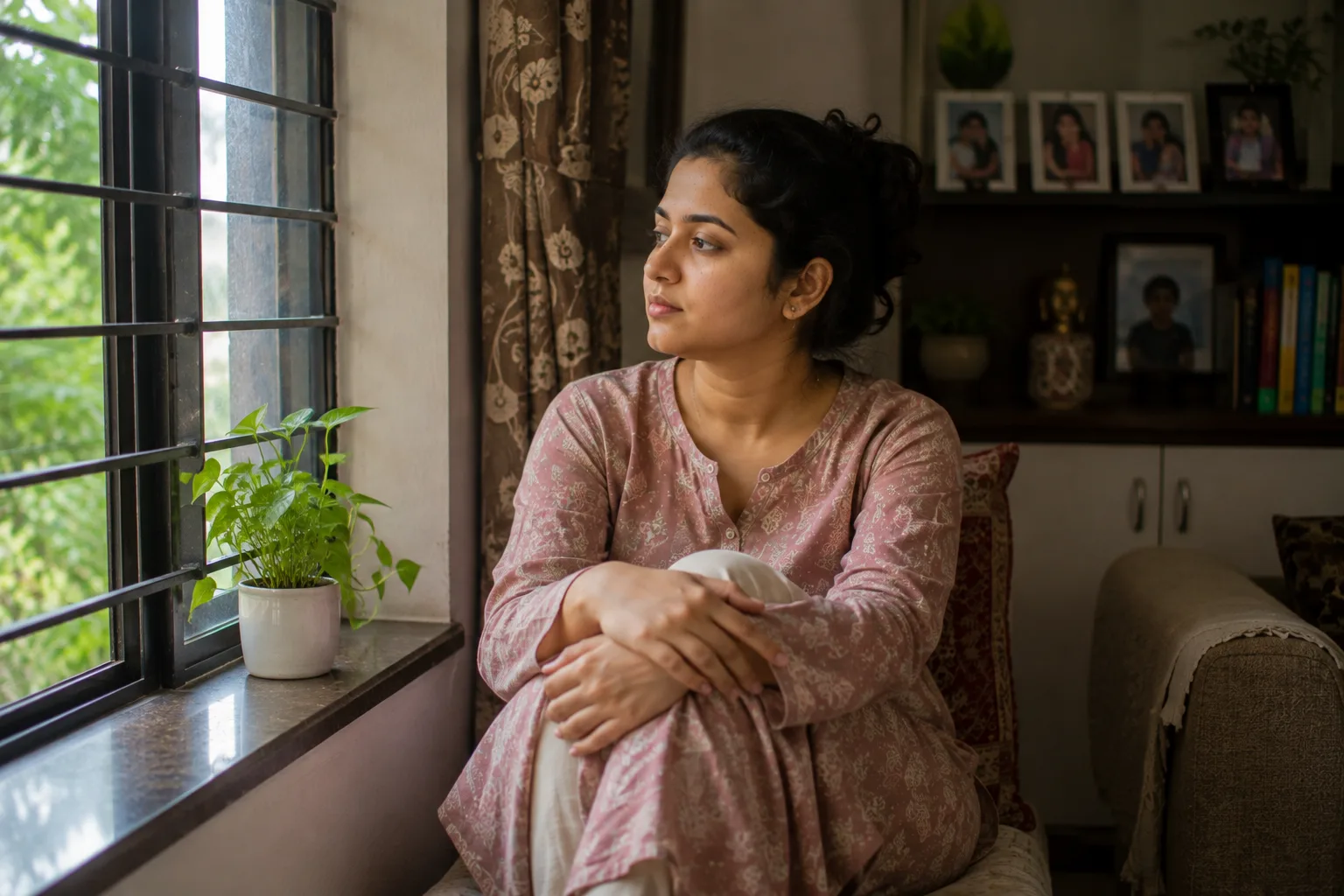 खिडकीजवळ शांतपणे बसलेली, गुडघे मिठीत घेऊन बाहेर पाहणारी विचारमग्न स्त्री
