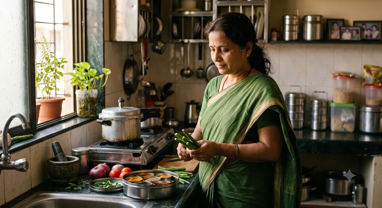 स्वयंपाकघरात हिरव्या साडीतील महिला ताज्या शेवग्याच्या शेंगा हातात धरून निवडताना, शेजारी मसाल्याचा डबा व भाज्या