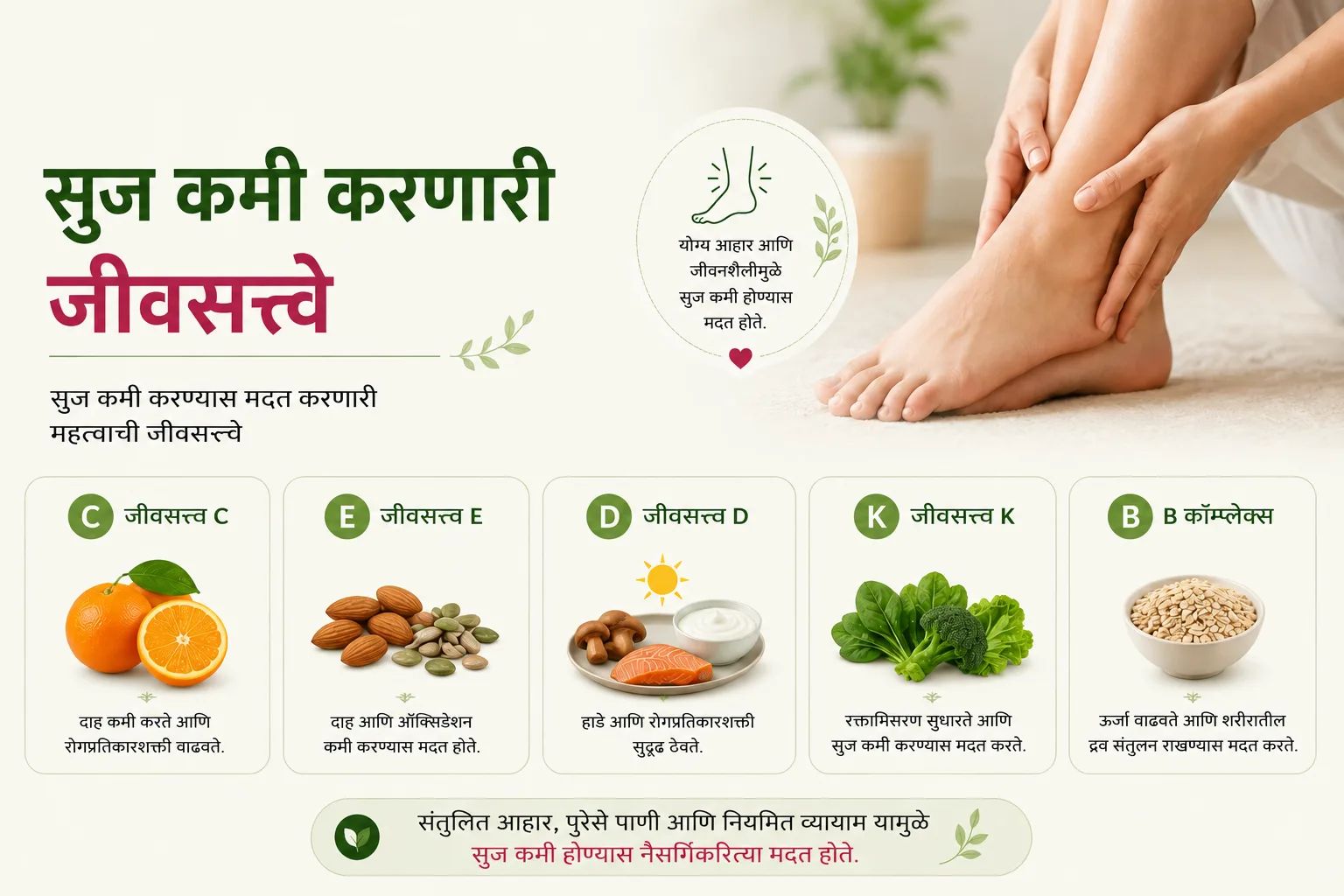 सूज कमी करणारी जीवनसत्त्वे C, E, D, K व B कॉम्प्लेक्स आणि त्यांचे अन्नस्रोत दर्शवणारं इन्फोग्राफिक, पायाच्या घोट्याला हात लावून चोळणारी स्त्री