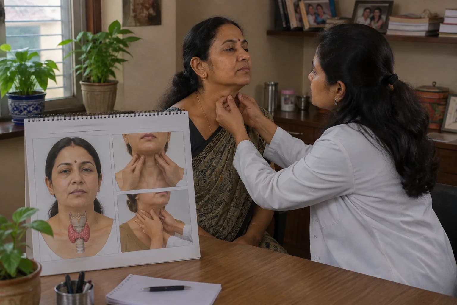 गळ्यातील थायरॉईड ग्रंथीचं स्थान व डॉक्टरकडून गळ्याची शारीरिक तपासणी दर्शवणारी आकृती