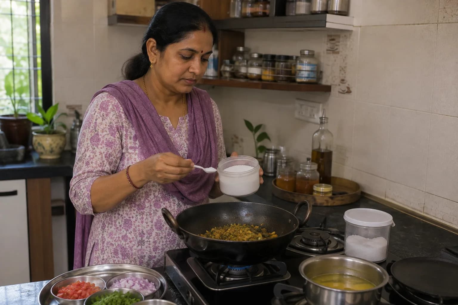 स्वयंपाकघरात महिला भाजीत चमच्याने आयोडीनयुक्त मीठ घालताना, शेजारी दुसरा मीठाचा डबा व मसाल्याचे डबे