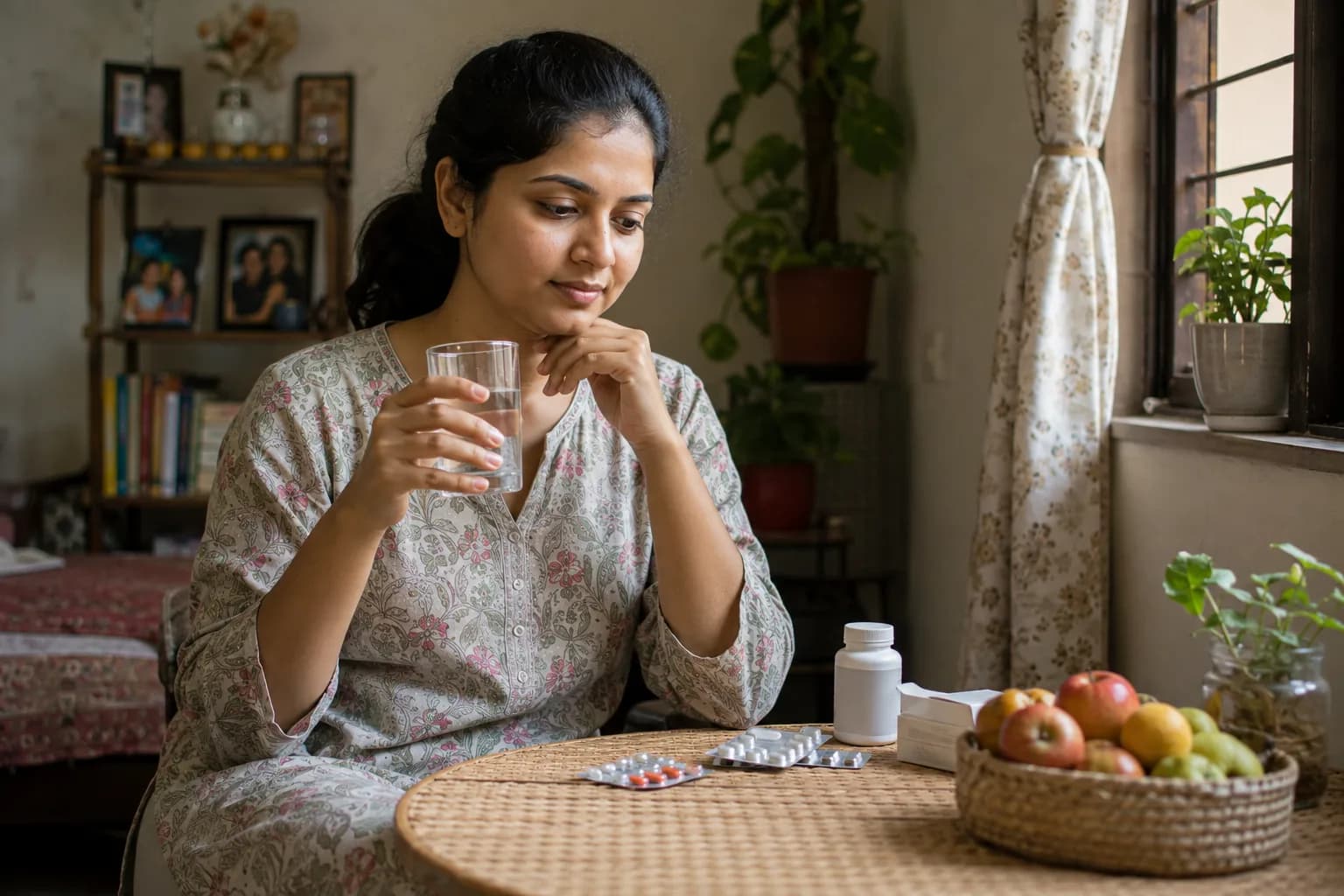 घरात बसलेली स्त्री हातात पाण्याचा ग्लास घेऊन, समोर औषधांच्या पट्ट्या व फळांची टोपली ठेवलेली